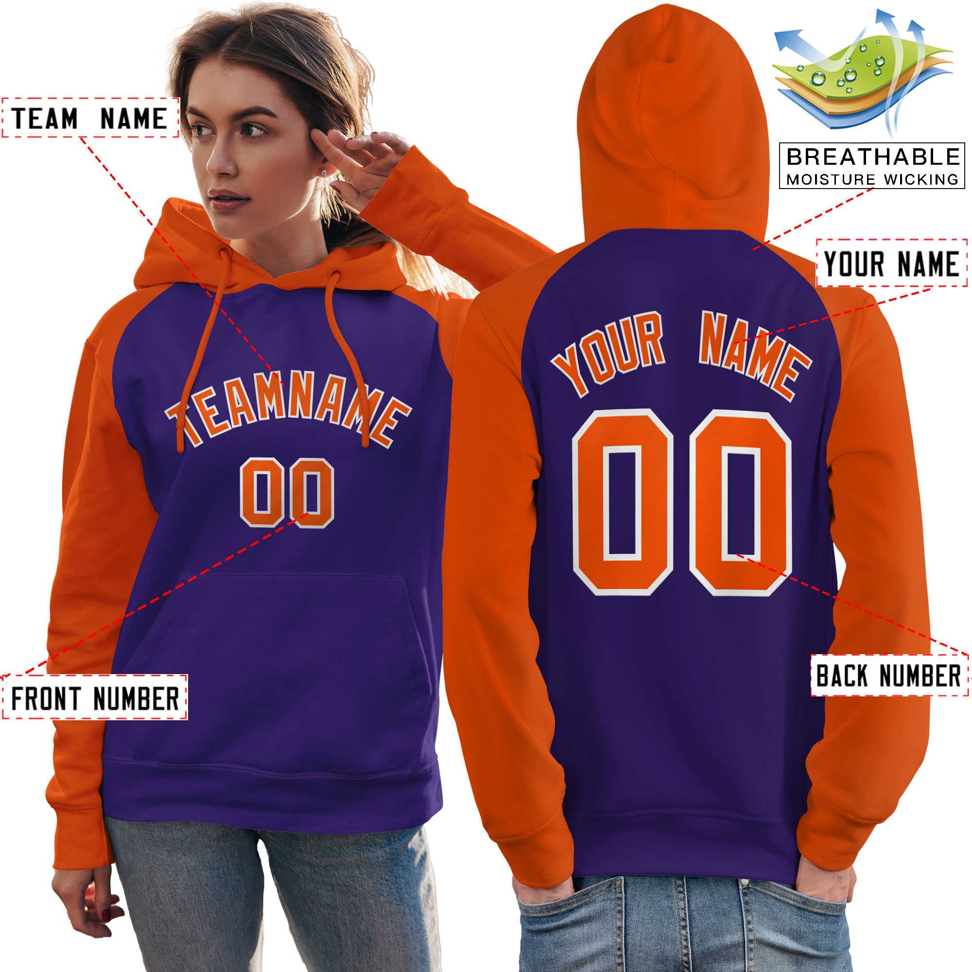 Custom Stitched Purple Orange Raglan Sleeves Sports Pullover Sweatshirt Hoodie For Women| KXKSHOP
