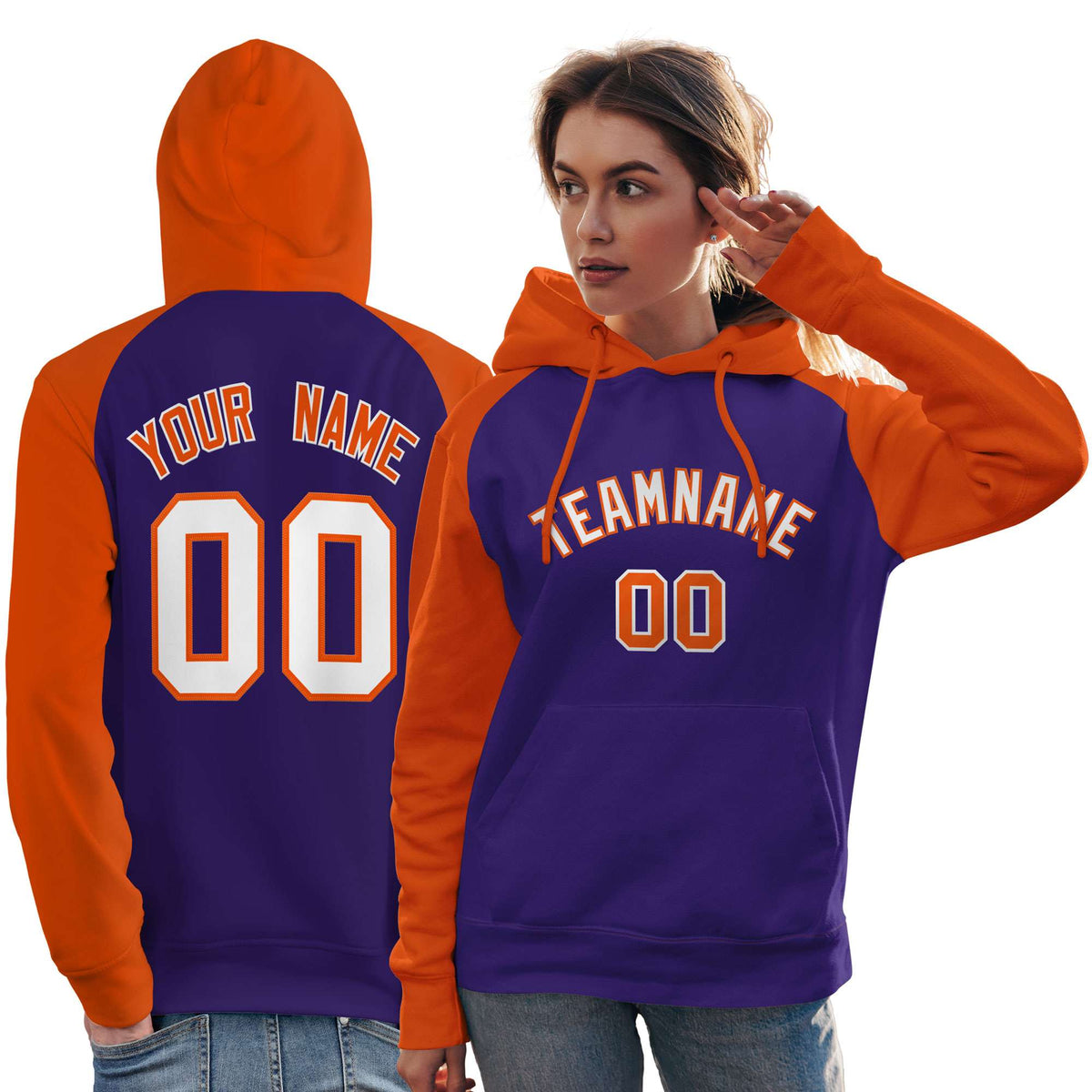 Custom Stitched Purple Orange-White Raglan Sleeves Sports Pullover Sweatshirt Hoodie For Women| KXKSHOP