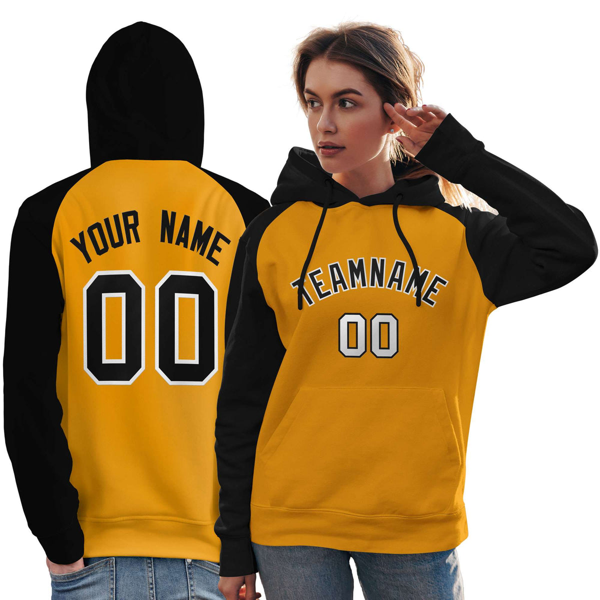 Custom Stitched Gold Black Raglan Sleeves Sports Pullover Sweatshirt Hoodie For Women| KXKSHOP