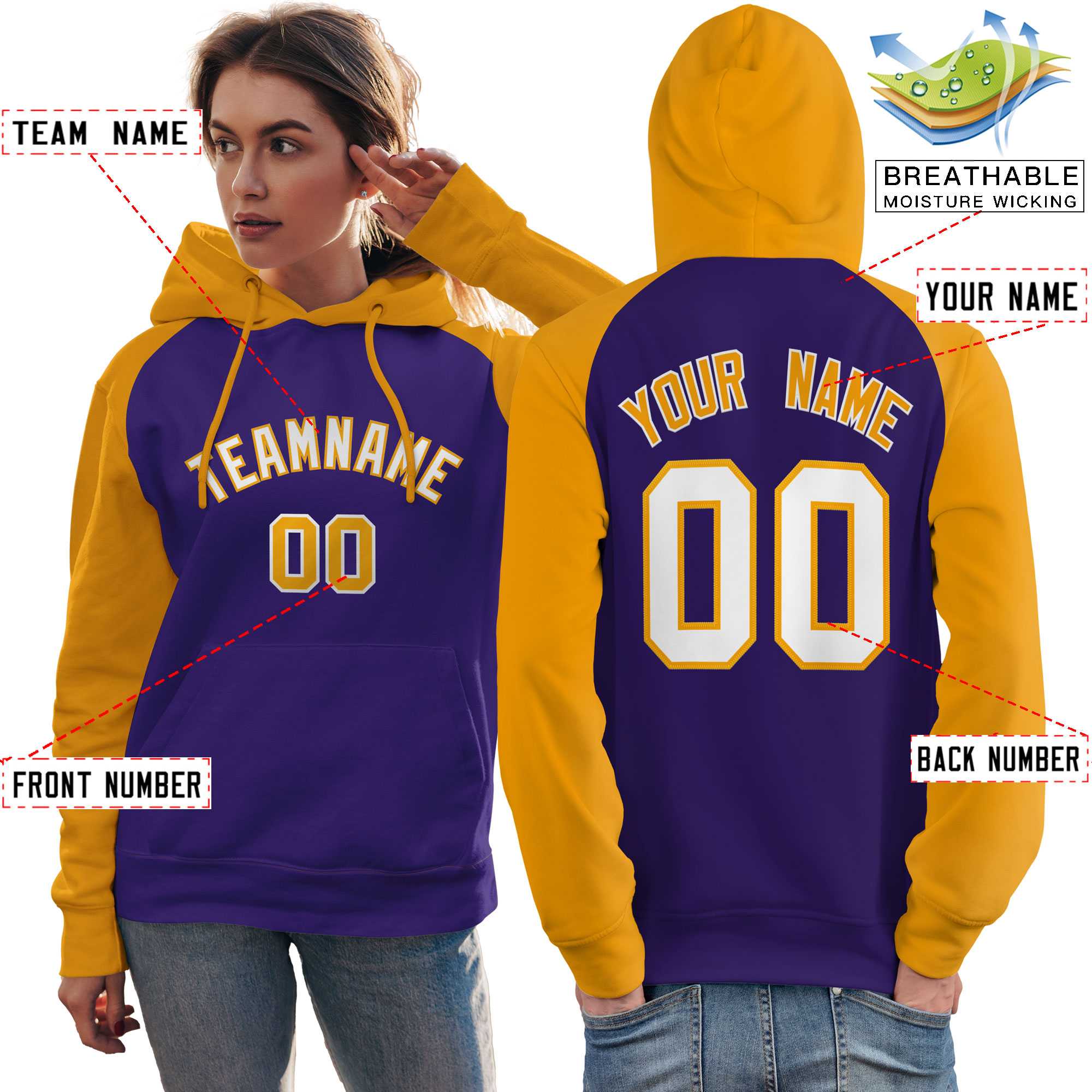 Custom Stitched Purple Gold-White Raglan Sleeves Sports Pullover Sweatshirt Hoodie For Women| KXKSHOP