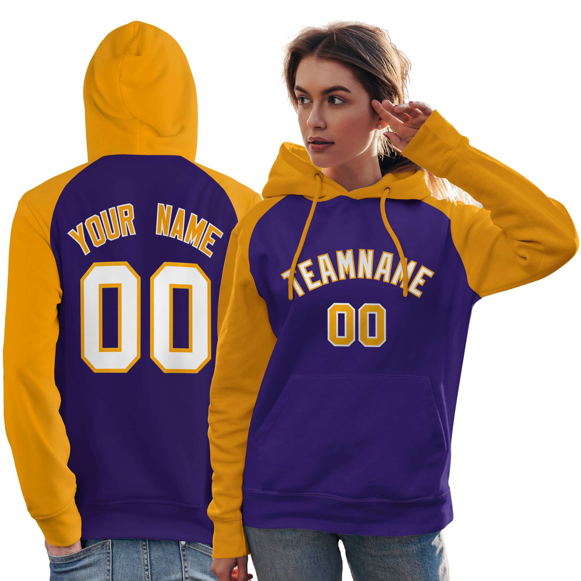 Custom Stitched Purple Gold-White Raglan Sleeves Sports Pullover Sweatshirt Hoodie For Women| KXKSHOP