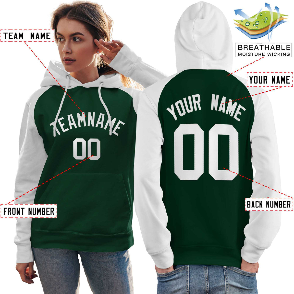 Custom Stitched Green White Raglan Sleeves Sports Pullover Sweatshirt Hoodie For Women| KXKSHOP