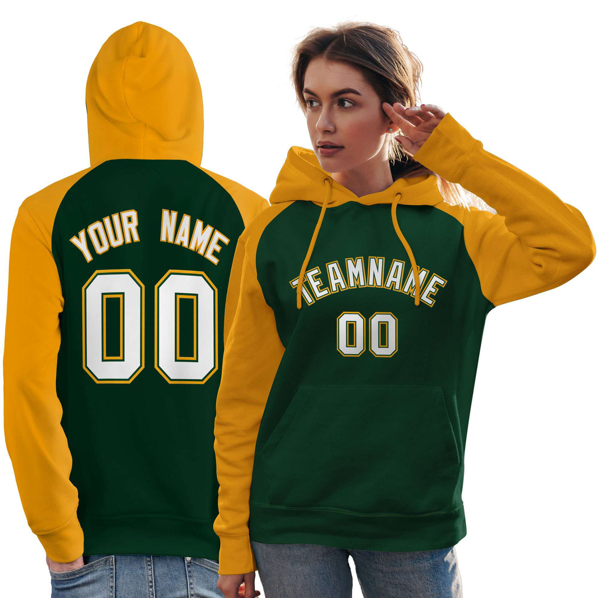 Custom Stitched Green Gold-White Raglan Sleeves Sports Pullover Sweatshirt Hoodie For Women| KXKSHOP