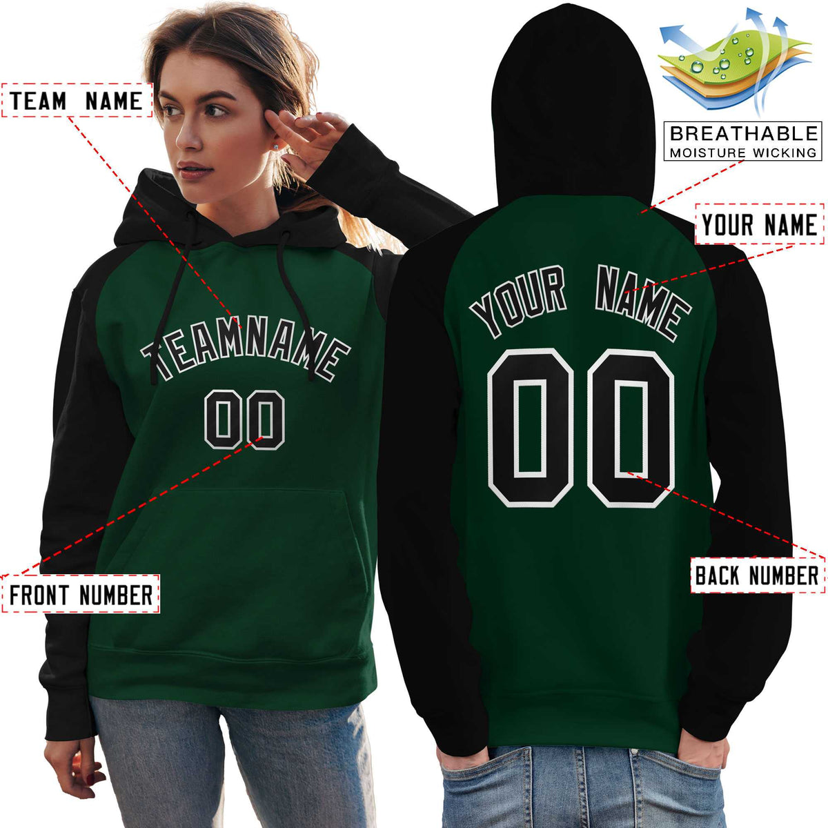 Custom Stitched Green Black Raglan Sleeves Sports Pullover Sweatshirt Hoodie For Women| KXKSHOP