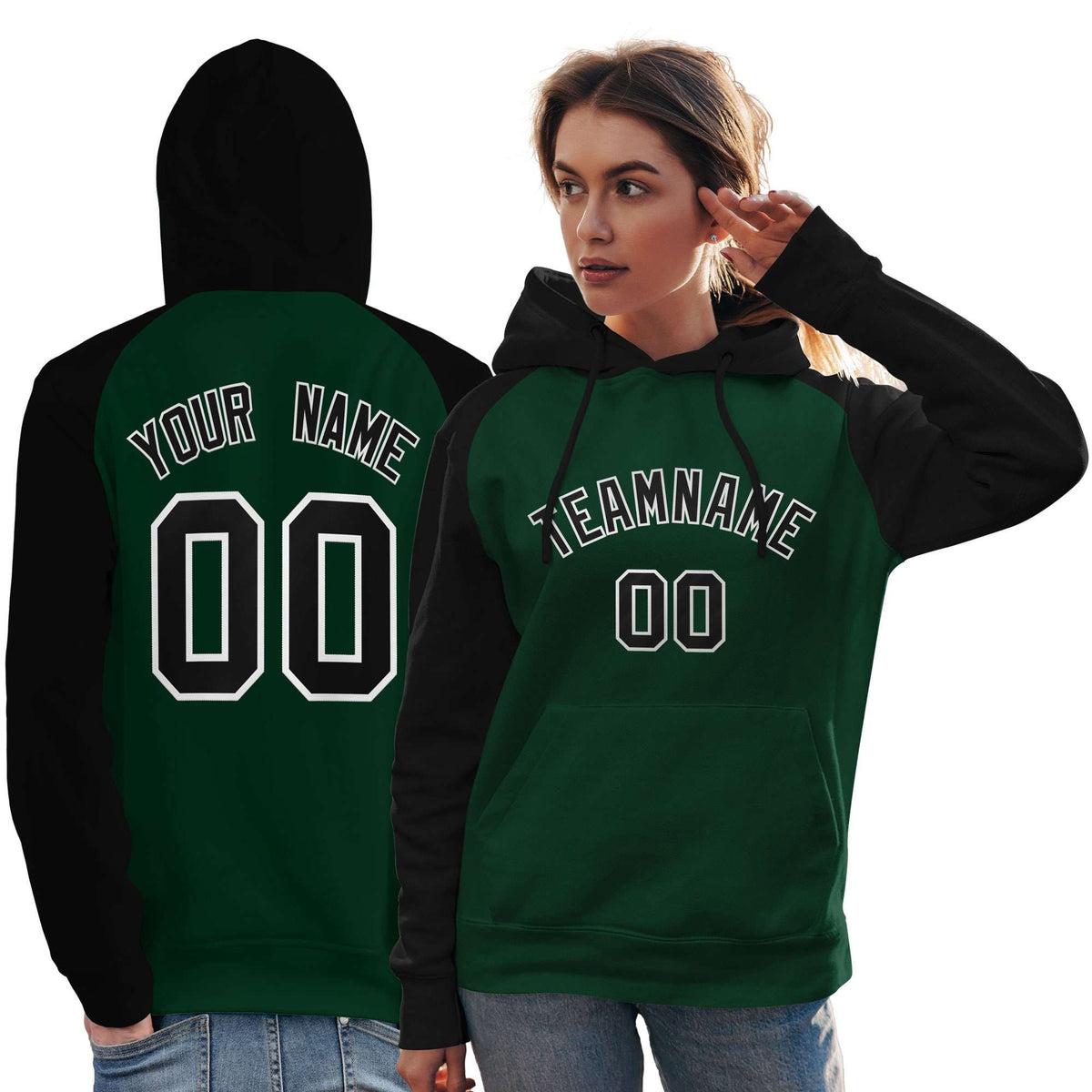 Custom Stitched Green Black Raglan Sleeves Sports Pullover Sweatshirt Hoodie For Women| KXKSHOP