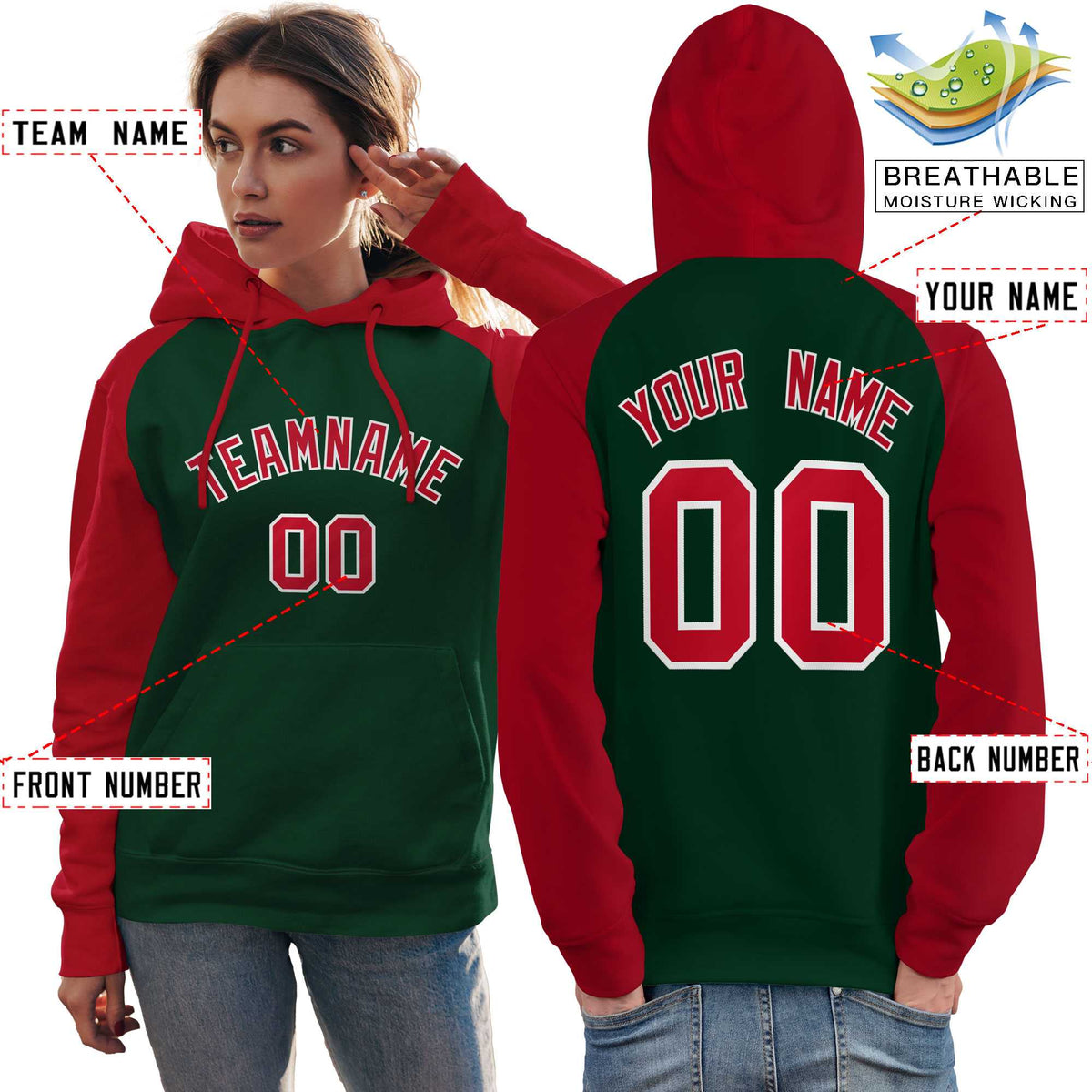 Custom Stitched Green Red Raglan Sleeves Sports Pullover Sweatshirt Hoodie For Women| KXKSHOP
