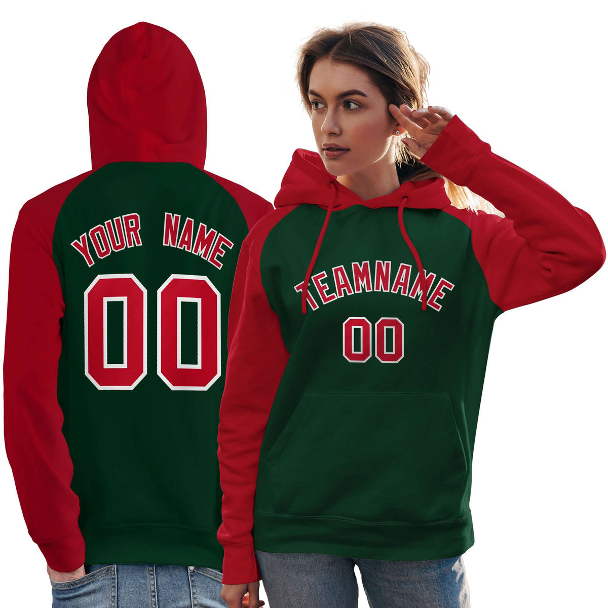 Custom Stitched Green Red Raglan Sleeves Sports Pullover Sweatshirt Hoodie For Women| KXKSHOP