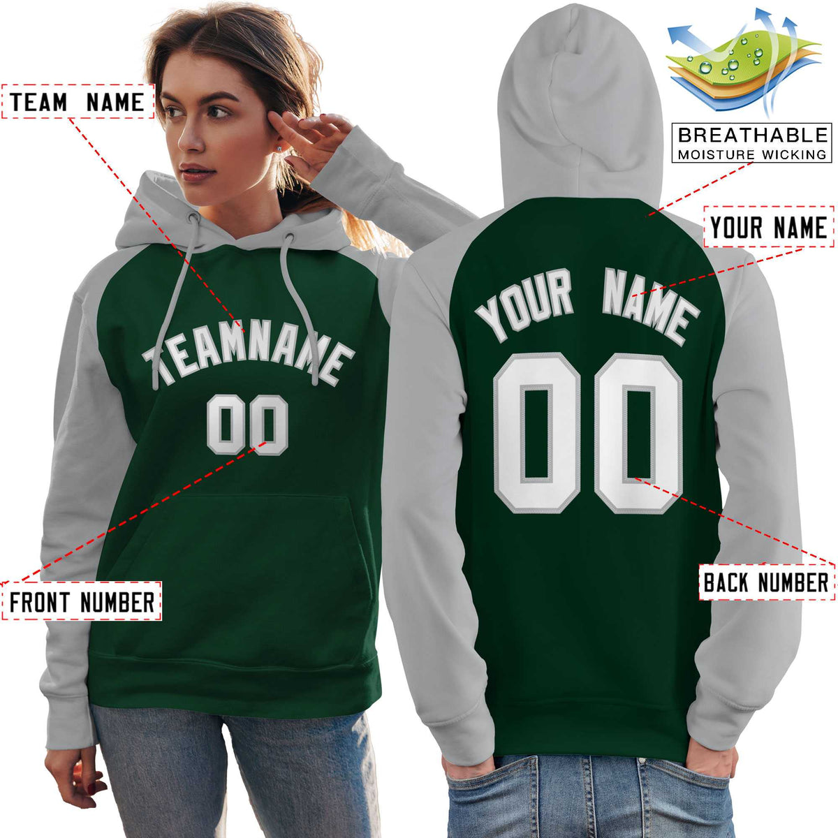 Custom Stitched Green Gray-White Raglan Sleeves Sports Pullover Sweatshirt Hoodie For Women| KXKSHOP