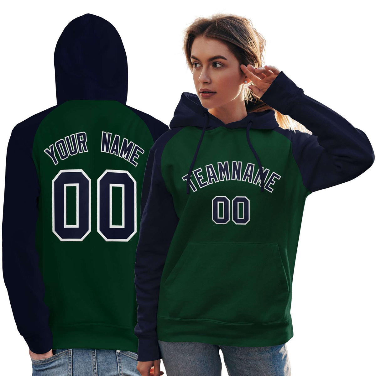 Custom Stitched Green Navy Raglan Sleeves Sports Pullover Sweatshirt Hoodie For Women| KXKSHOP