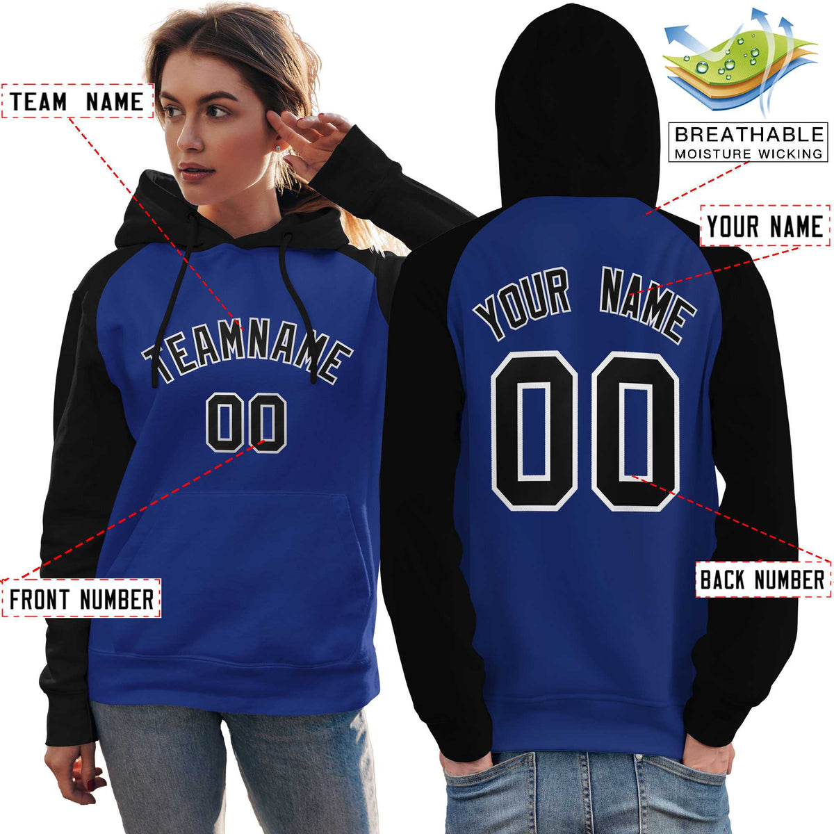 Custom Stitched Royal Black Raglan Sleeves Sports Pullover Sweatshirt Hoodie For Women| KXKSHOP