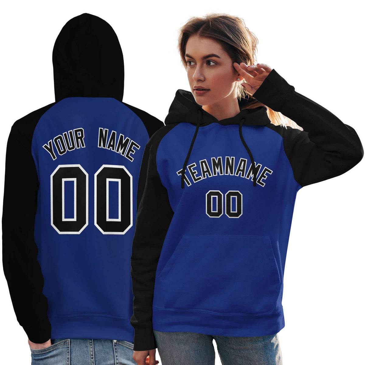 Custom Stitched Royal Black Raglan Sleeves Sports Pullover Sweatshirt Hoodie For Women| KXKSHOP