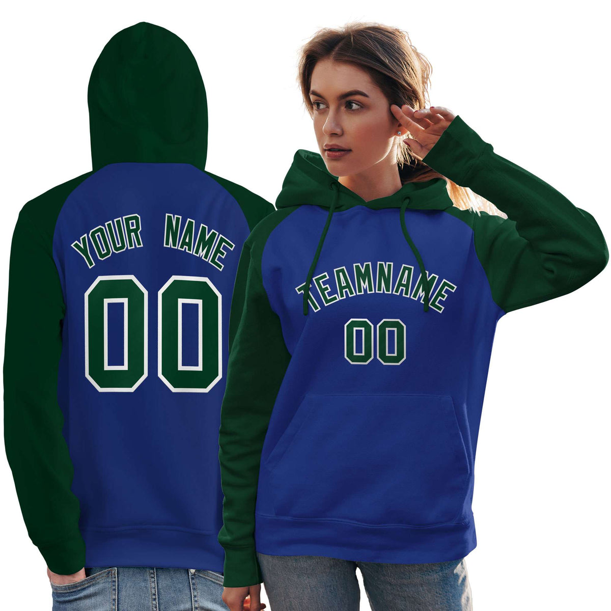 Custom Stitched Royal Green Raglan Sleeves Sports Pullover Sweatshirt Hoodie For Women| KXKSHOP