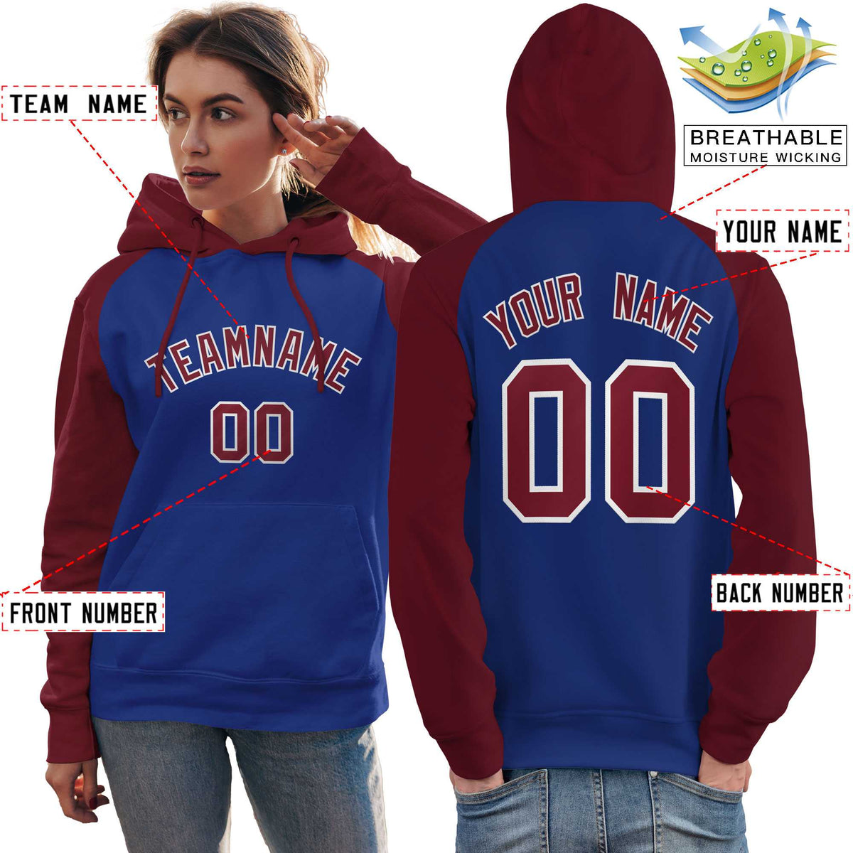 Custom Stitched Royal Crimson Raglan Sleeves Sports Pullover Sweatshirt Hoodie For Women| KXKSHOP