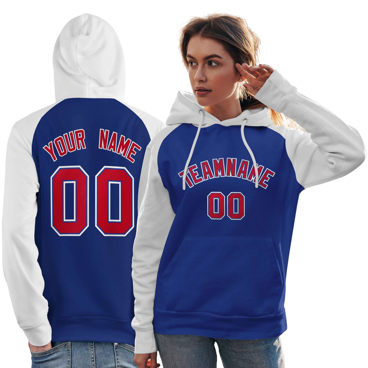 Custom Stitched Royal White-Red Raglan Sleeves Sports Pullover Sweatshirt Hoodie For Women| KXKSHOP