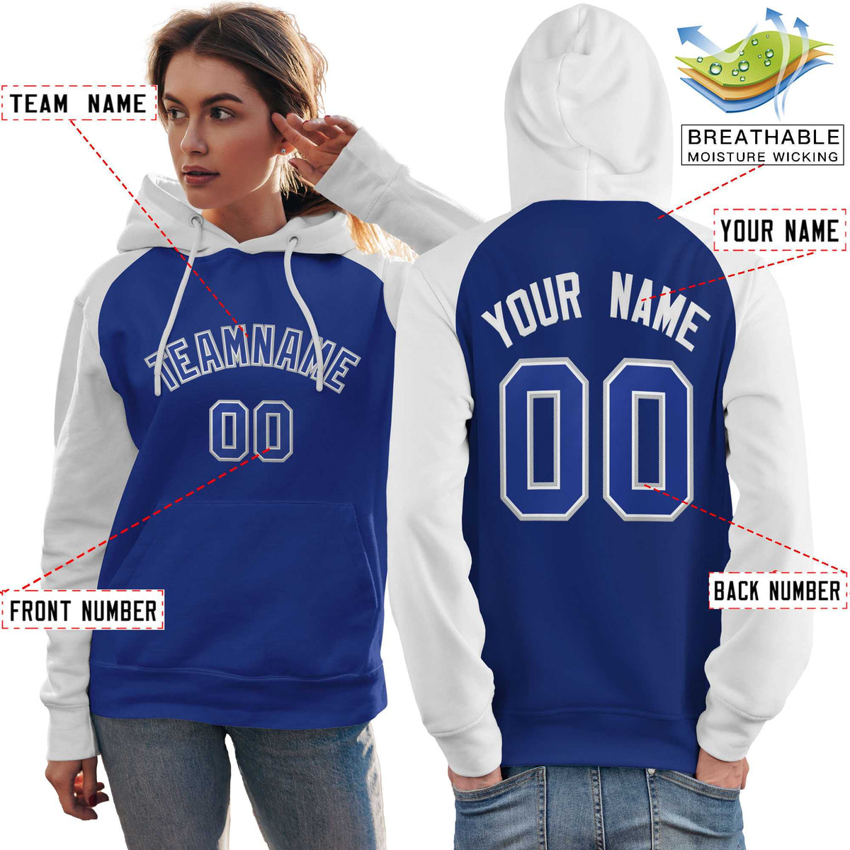 Custom Stitched Royal White Raglan Sleeves Sports Pullover Sweatshirt Hoodie For Women| KXKSHOP