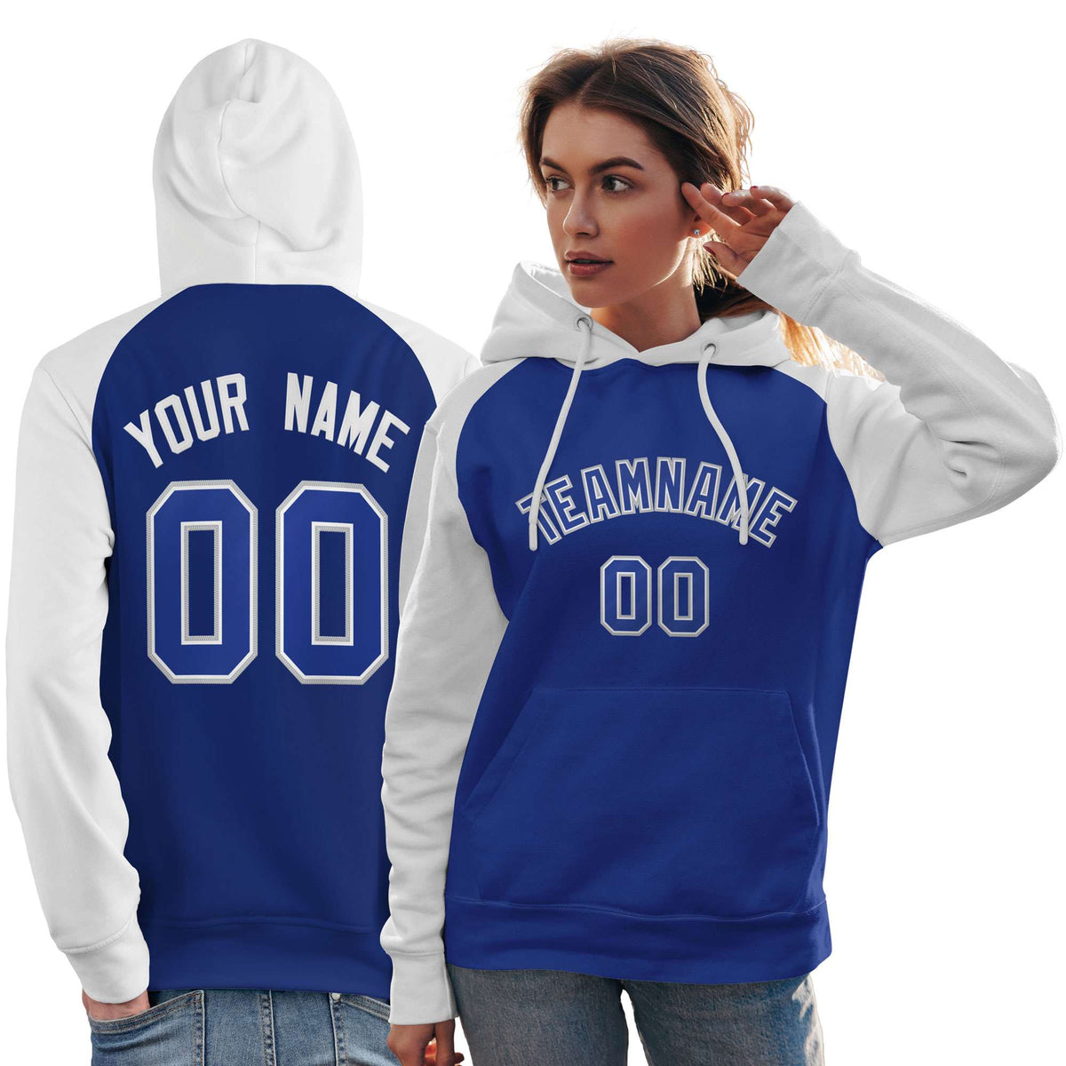 Custom Stitched Royal White Raglan Sleeves Sports Pullover Sweatshirt Hoodie For Women| KXKSHOP