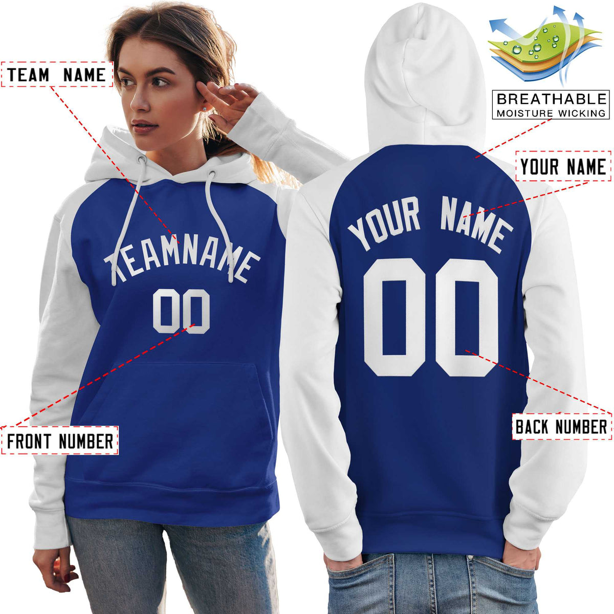 Custom Stitched Royal White Raglan Sleeves Sports Pullover Sweatshirt Hoodie For Women| KXKSHOP