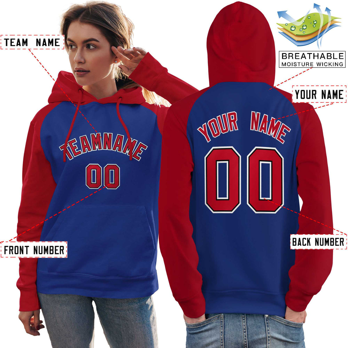 Custom Stitched Royal Red Raglan Sleeves Sports Pullover Sweatshirt Hoodie For Women| KXKSHOP