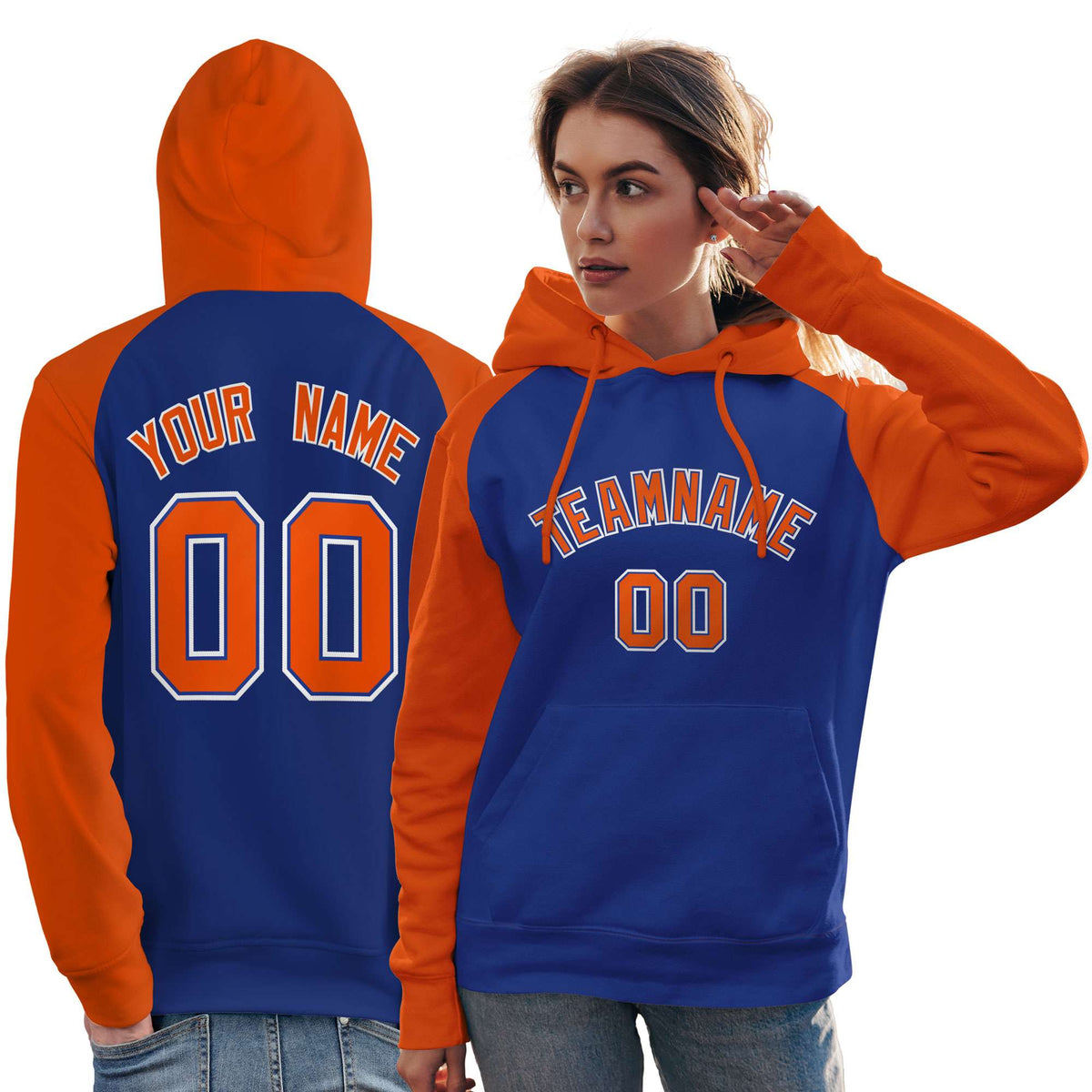 Custom Stitched Royal Orange Raglan Sleeves Sports Pullover Sweatshirt Hoodie For Women| KXKSHOP