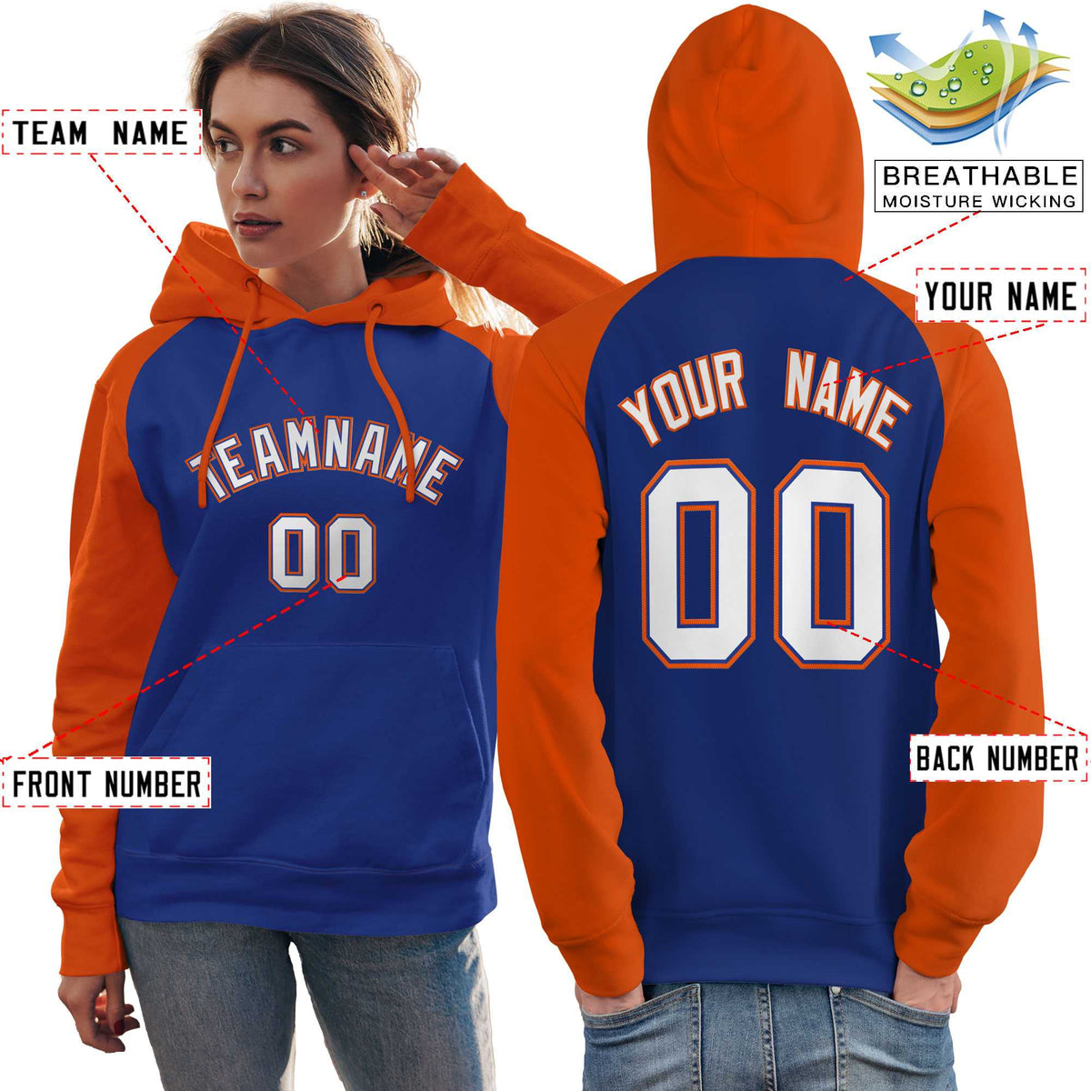 Custom Stitched Royal Orange-White Raglan Sleeves Sports Pullover Sweatshirt Hoodie For Women| KXKSHOP