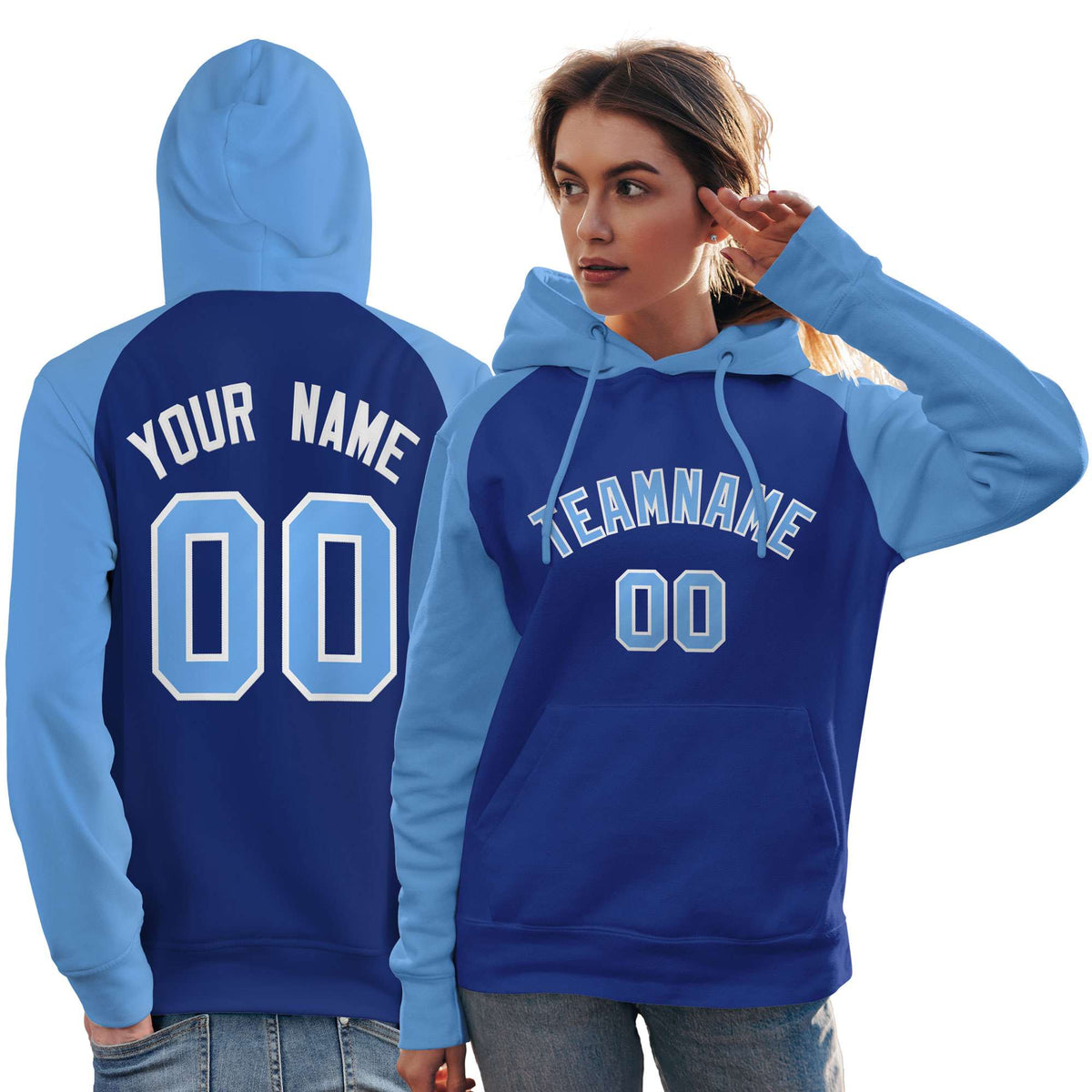 Custom Stitched Royal Powder Blue Raglan Sleeves Sports Pullover Sweatshirt Hoodie For Women| KXKSHOP