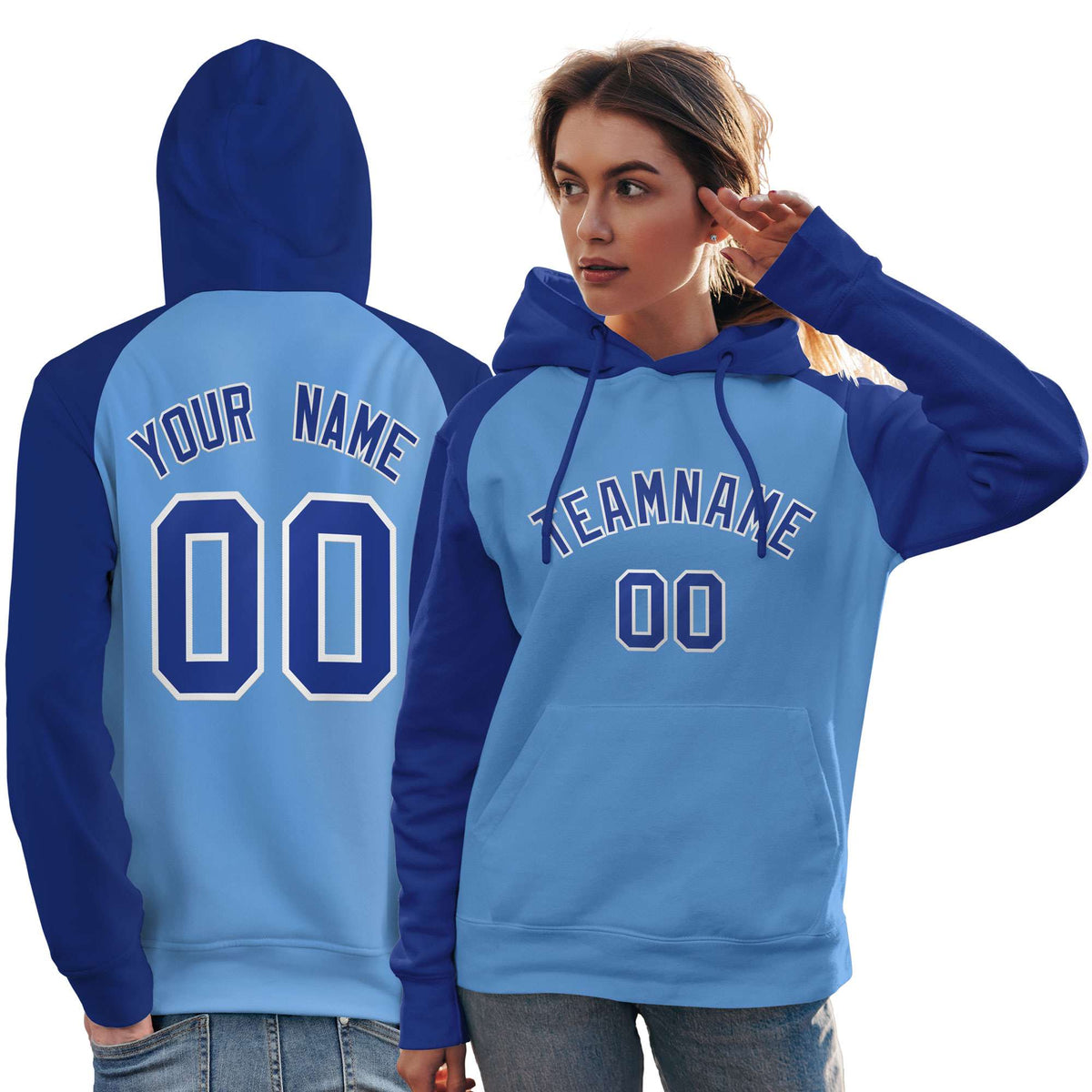 Custom Stitched Powder Blue Royal Raglan Sleeves Sports Pullover Sweatshirt Hoodie For Women| KXKSHOP