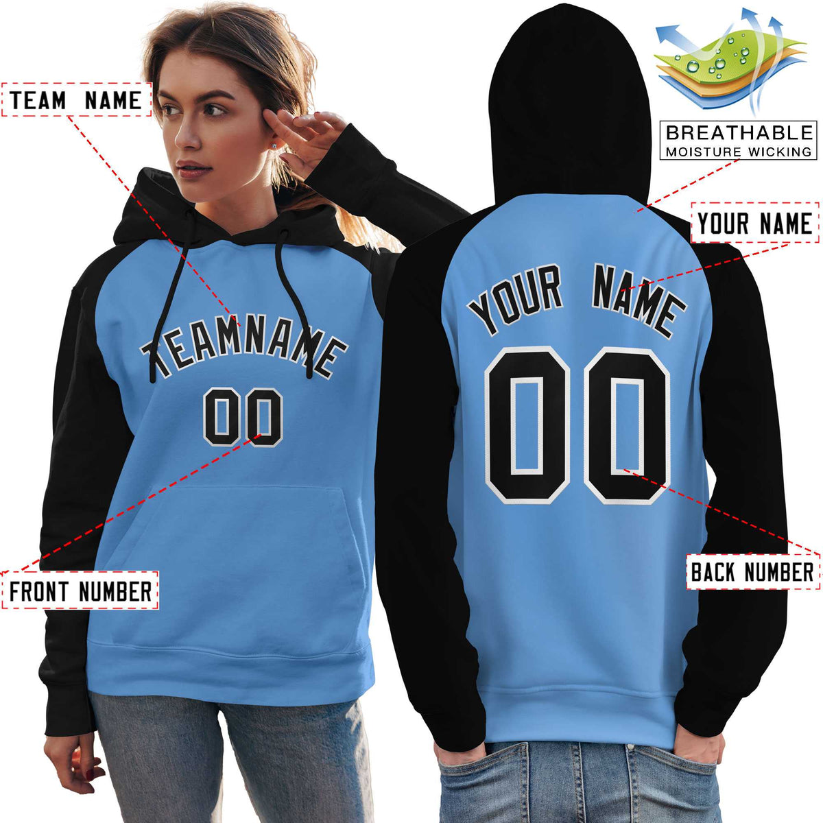 Custom Stitched Powder Blue Black Raglan Sleeves Sports Pullover Sweatshirt Hoodie For Women| KXKSHOP