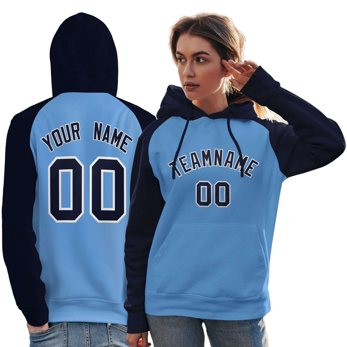 Custom Stitched Powder Blue Navy Raglan Sleeves Sports Pullover Sweatshirt Hoodie For Women| KXKSHOP