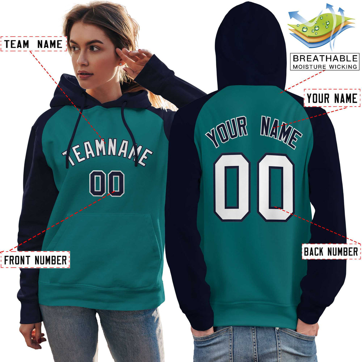 Custom Stitched Aqua Navy-White Raglan Sleeves Sports Pullover Sweatshirt Hoodie For Women| KXKSHOP