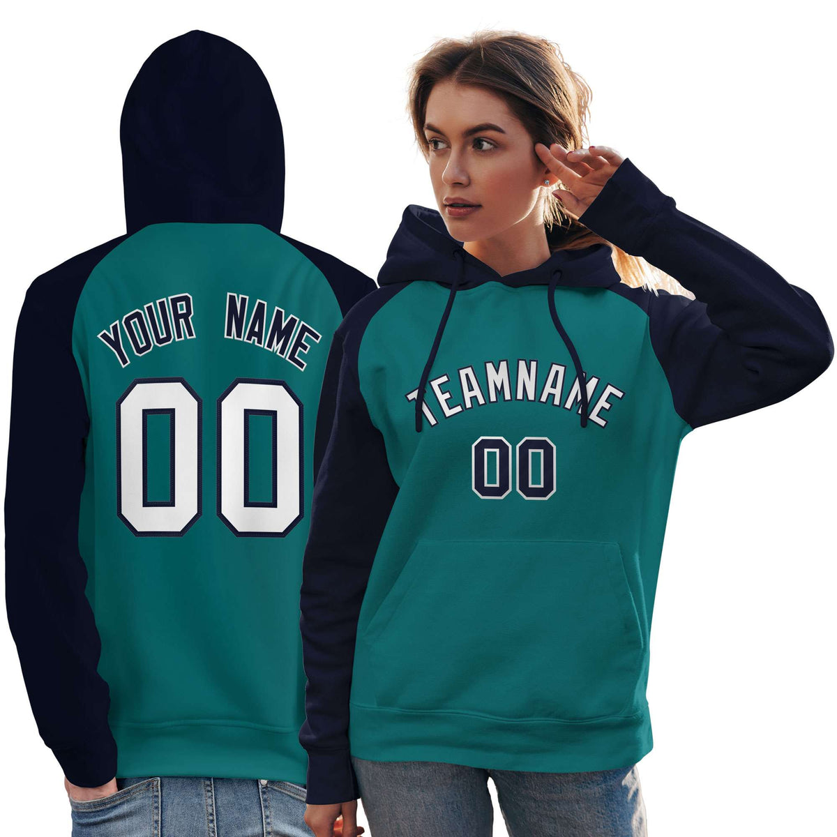 Custom Stitched Aqua Navy-White Raglan Sleeves Sports Pullover Sweatshirt Hoodie For Women| KXKSHOP