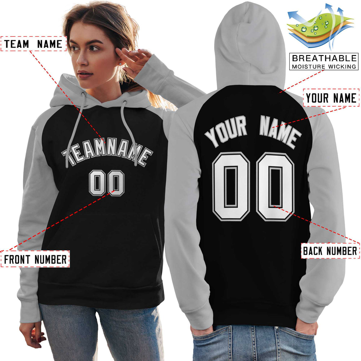 Custom Stitched Black Gray-White Raglan Sleeves Sports Pullover Sweatshirt Hoodie For Women| KXKSHOP