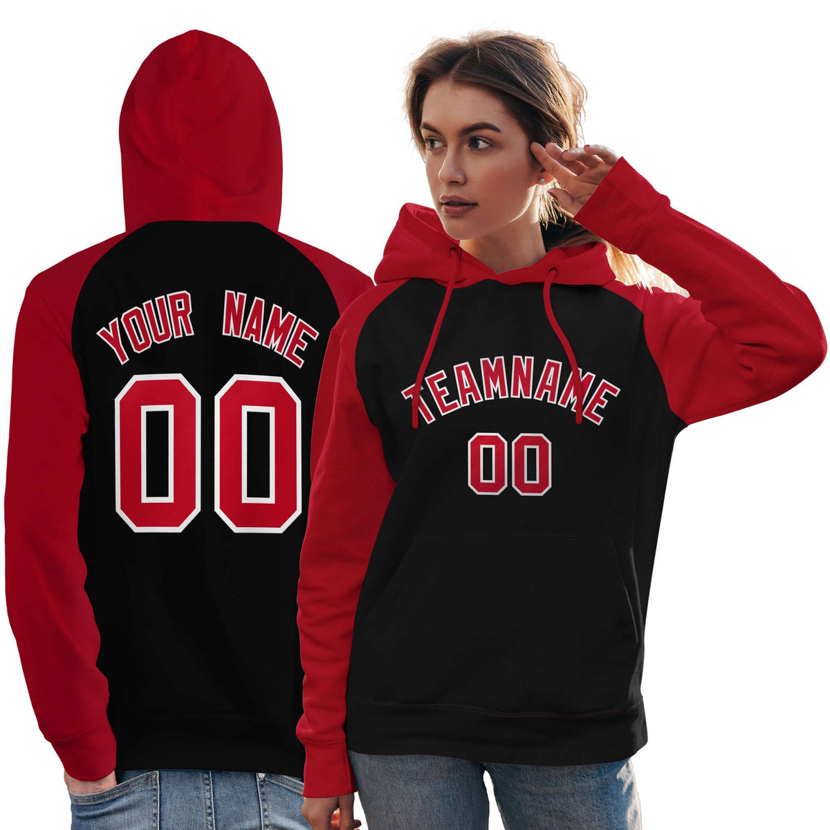 Custom Stitched Black Red Raglan Sleeves Sports Pullover Sweatshirt Hoodie For Women| KXKSHOP