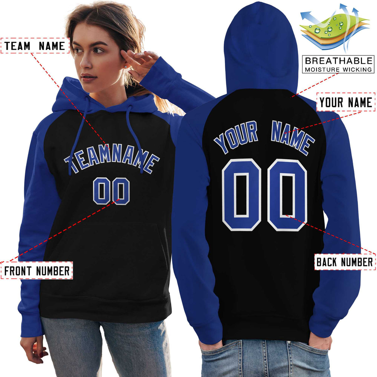 Custom Stitched Black Royal Raglan Sleeves Sports Pullover Sweatshirt Hoodie For Women| KXKSHOP