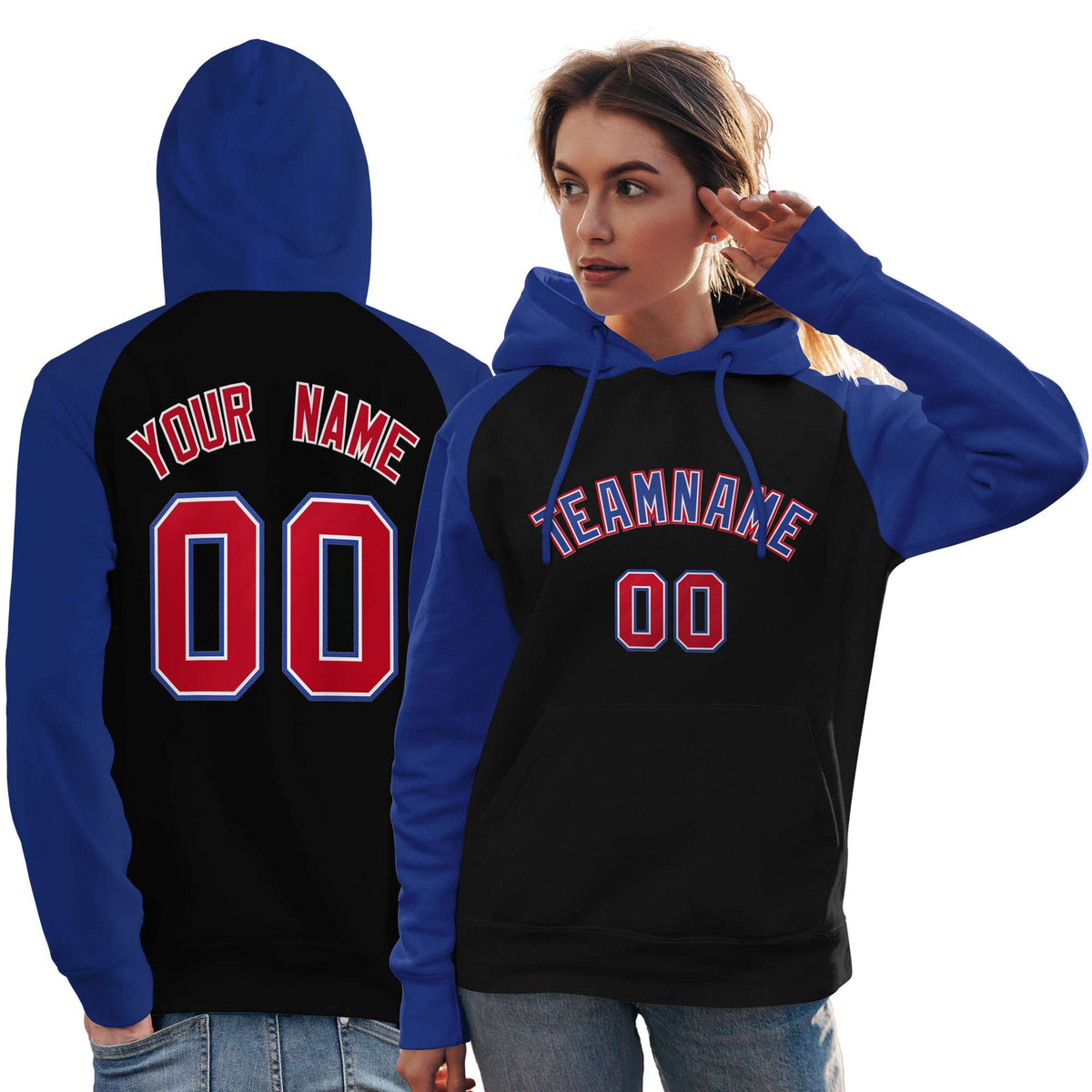 Custom Stitched Black Royal Raglan Sleeves Sports Pullover Sweatshirt Hoodie For Women| KXKSHOP