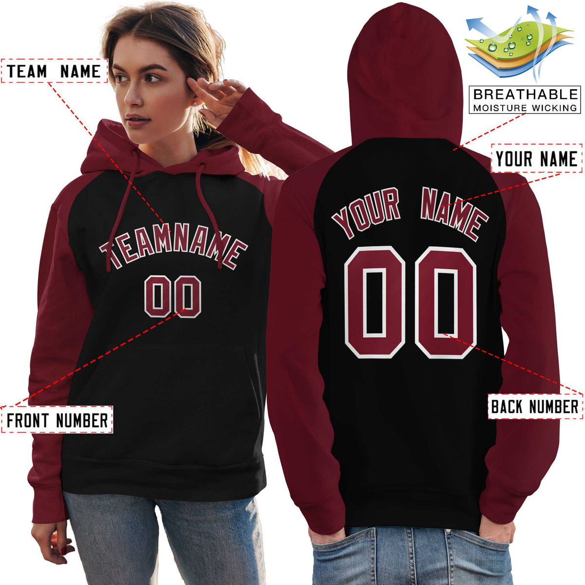 Custom Stitched Black Crimson Raglan Sleeves Sports Pullover Sweatshirt Hoodie For Women| KXKSHOP