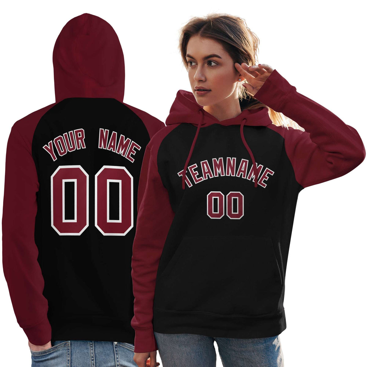 Custom Stitched Black Crimson Raglan Sleeves Sports Pullover Sweatshirt Hoodie For Women| KXKSHOP