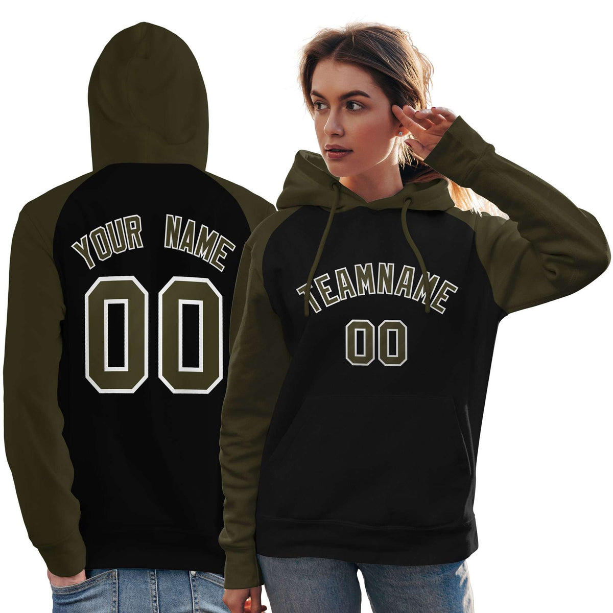 Custom Stitched Black Olive Raglan Sleeves Sports Pullover Sweatshirt Hoodie For Women| KXKSHOP