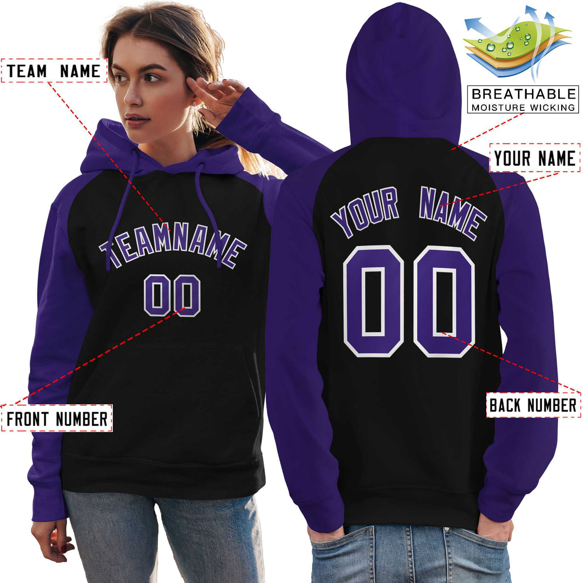 Custom Stitched Black Purple Raglan Sleeves Sports Pullover Sweatshirt Hoodie For Women| KXKSHOP