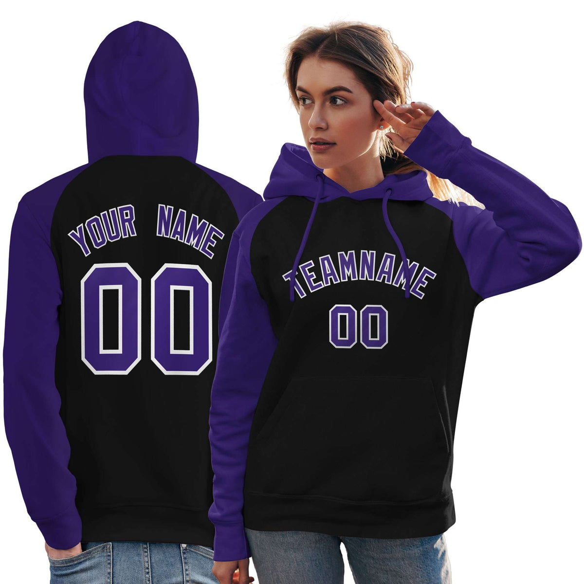 Custom Stitched Black Purple Raglan Sleeves Sports Pullover Sweatshirt Hoodie For Women| KXKSHOP
