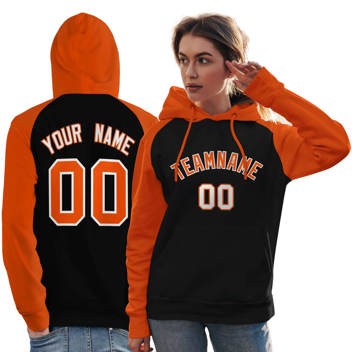 Custom Stitched Black Orange Raglan Sleeves Sports Pullover Sweatshirt Hoodie For Women| KXKSHOP