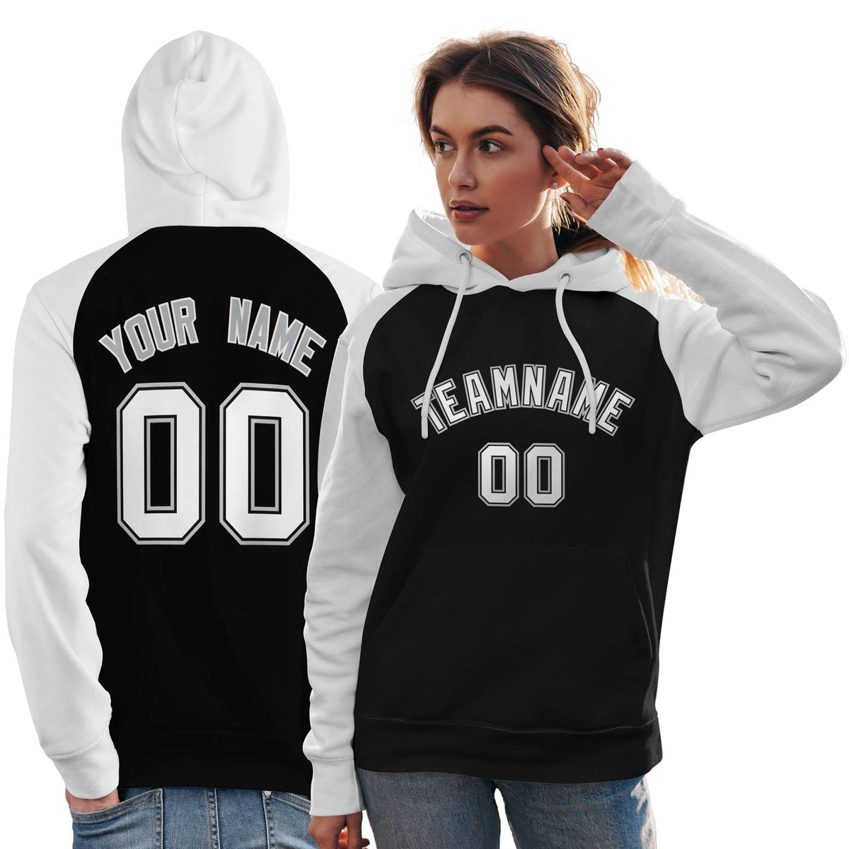 Custom Stitched Black White Raglan Sleeves Sports Pullover Sweatshirt Hoodie For Women| KXKSHOP