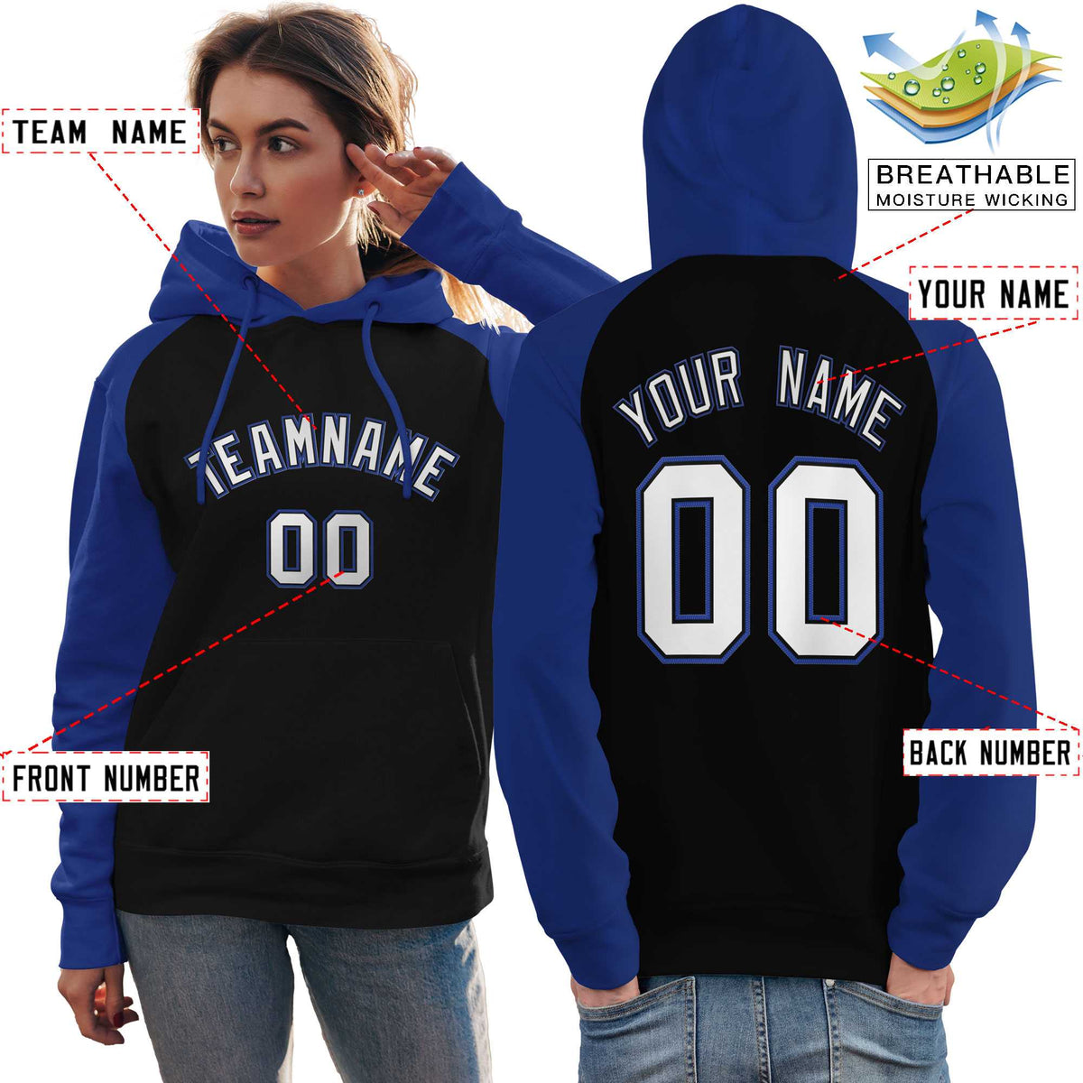 Custom Stitched Black Royal-White Raglan Sleeves Sports Pullover Sweatshirt Hoodie For Women| KXKSHOP
