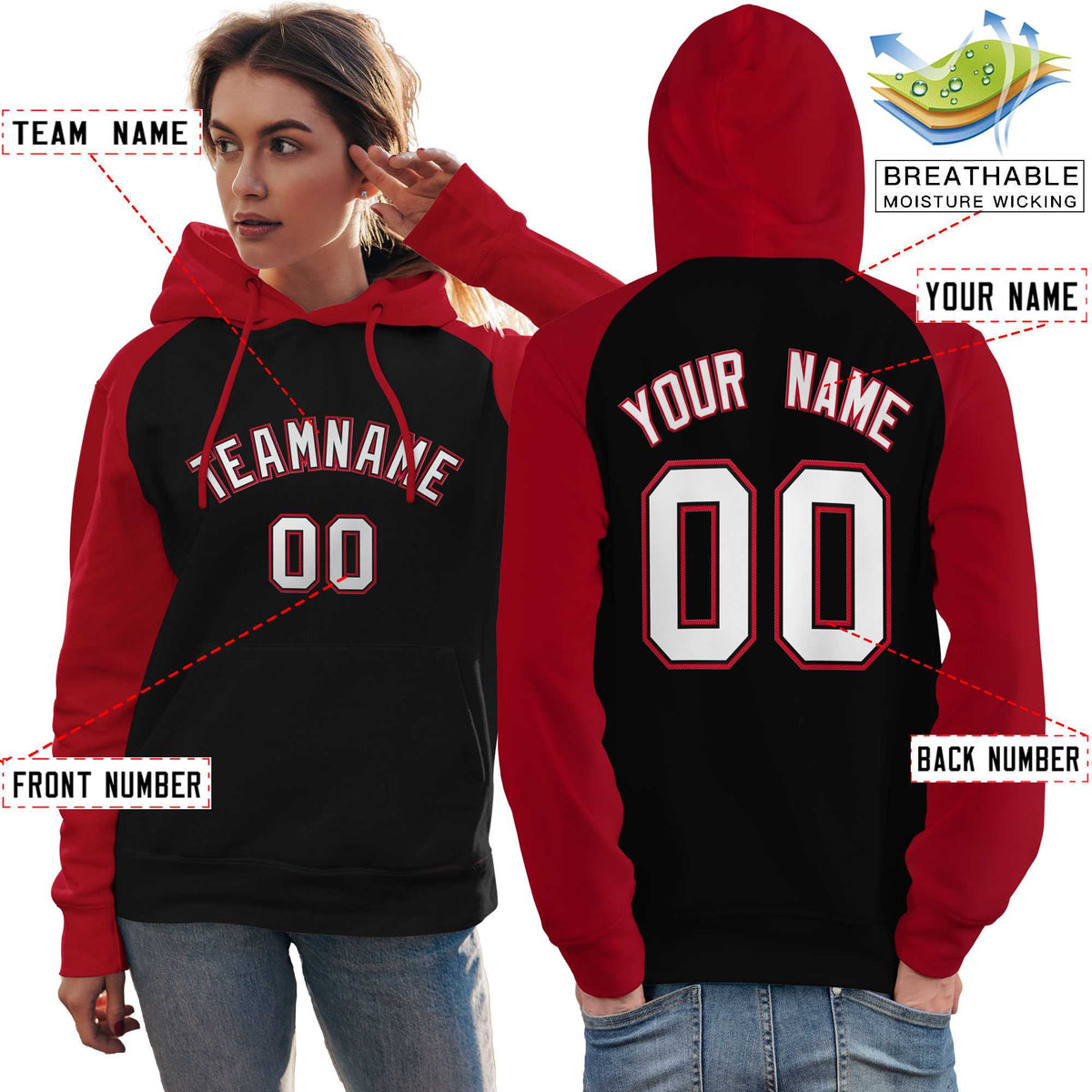 Custom Stitched Black Red-White Raglan Sleeves Sports Pullover Sweatshirt Hoodie For Women| KXKSHOP