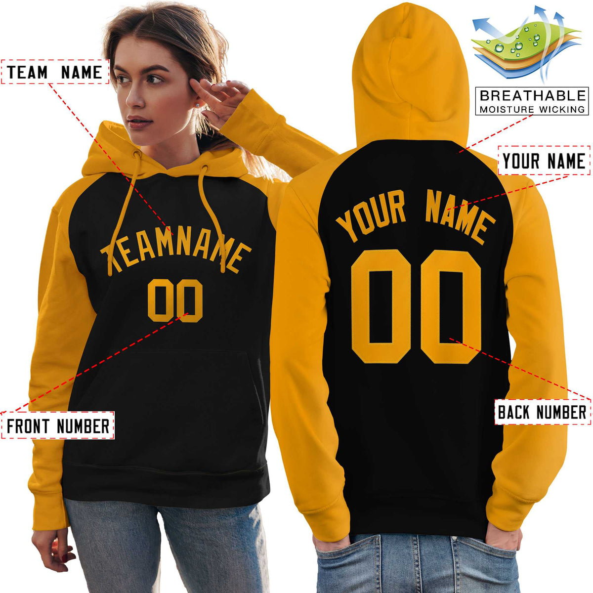 Custom Stitched Black Gold Raglan Sleeves Sports Pullover Sweatshirt Hoodie For Women| KXKSHOP
