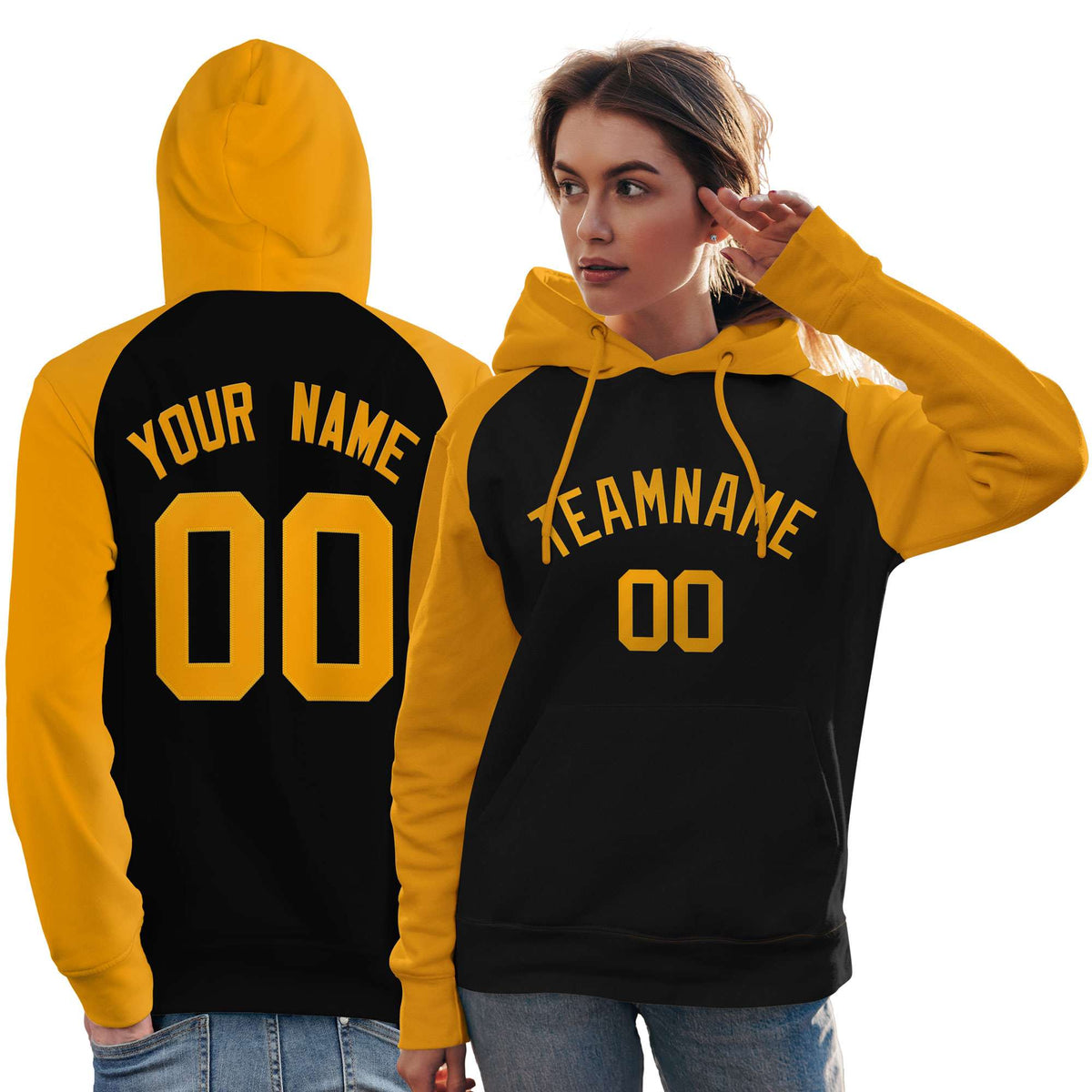 Custom Stitched Black Gold Raglan Sleeves Sports Pullover Sweatshirt Hoodie For Women| KXKSHOP