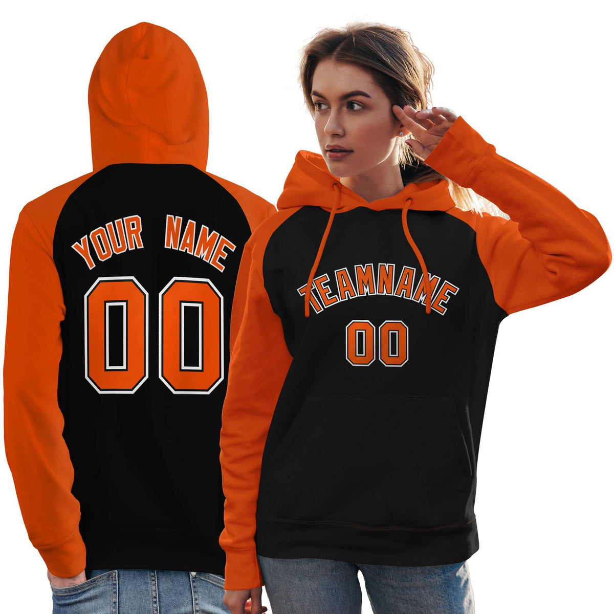 Custom Stitched Black Orange Raglan Sleeves Sports Pullover Sweatshirt Hoodie For Women| KXKSHOP