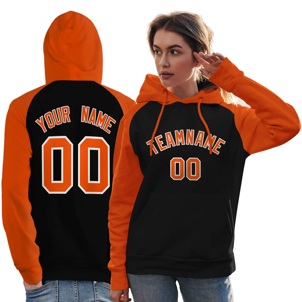 Custom Stitched Black Orange Raglan Sleeves Sports Pullover Sweatshirt Hoodie For Women| KXKSHOP