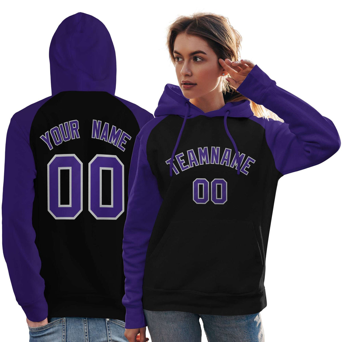 Custom Stitched Black Purple Raglan Sleeves Sports Pullover Sweatshirt Hoodie For Women| KXKSHOP