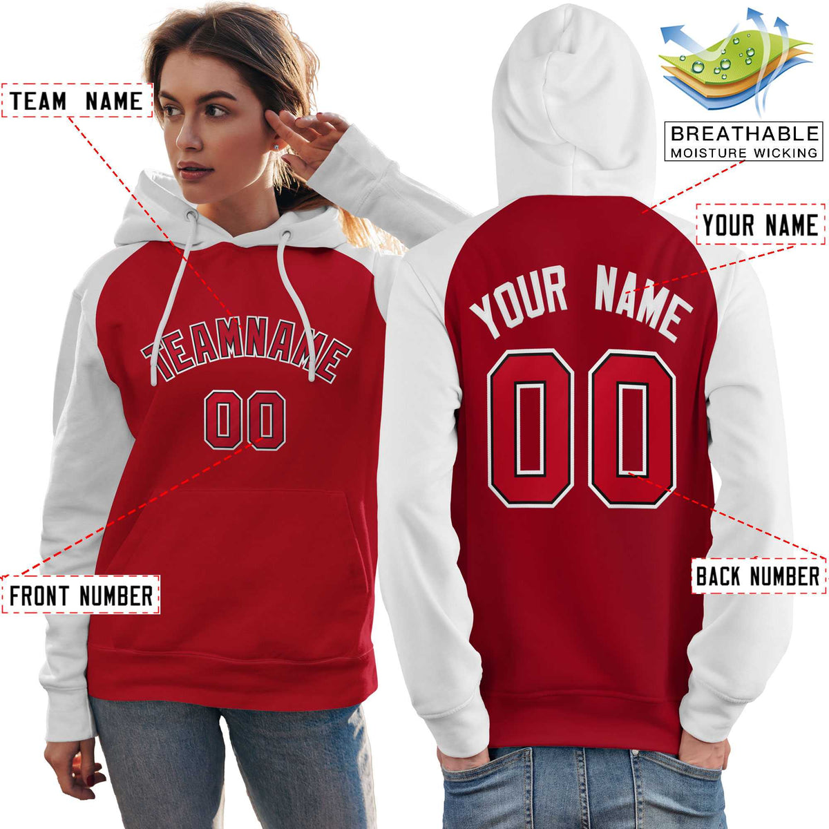 Custom Stitched Red White Raglan Sleeves Sports Pullover Sweatshirt Hoodie For Women| KXKSHOP