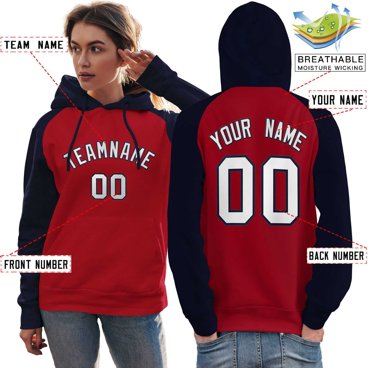 Custom Stitched Red Navy-White Raglan Sleeves Sports Pullover Sweatshirt Hoodie For Women| KXKSHOP
